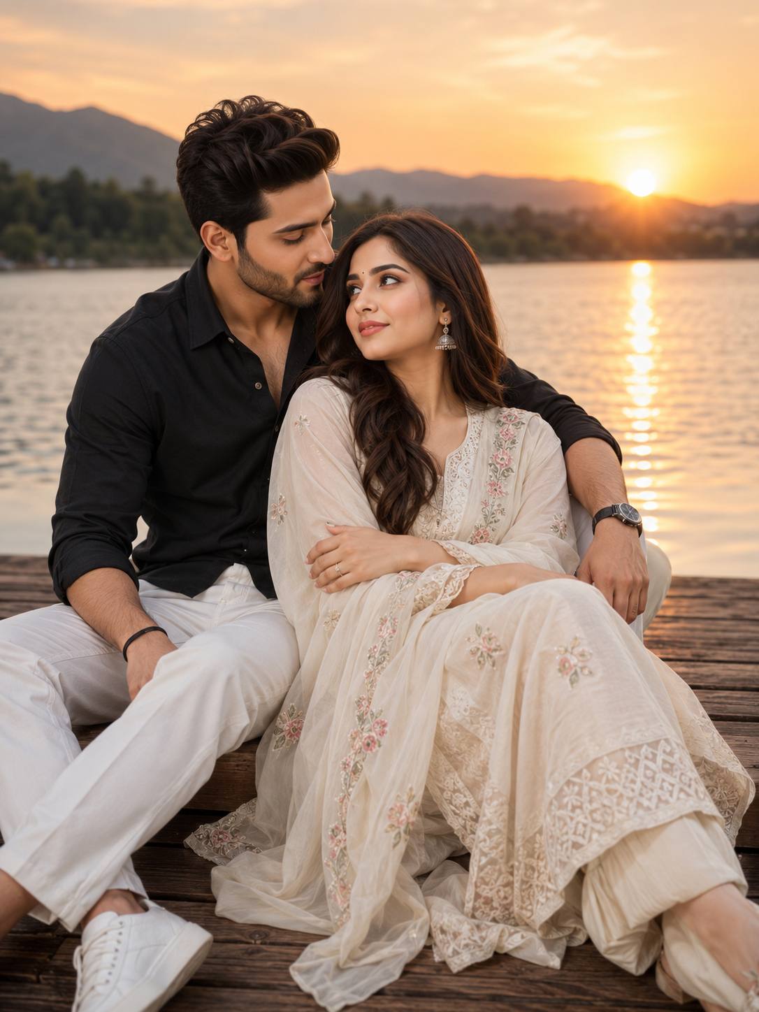 Cinematic Romantic Couple Portrait by a Peaceful Lake at Golden Hour Sunset | Ultra-Realistic AI Image Prompt
