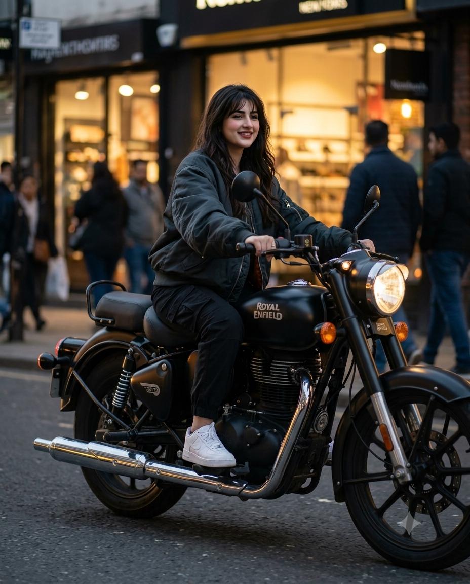 Royal Enfield rider woman portrait AI image prompt | Dark streetwear, twilight city and cinematic motorcycle photography