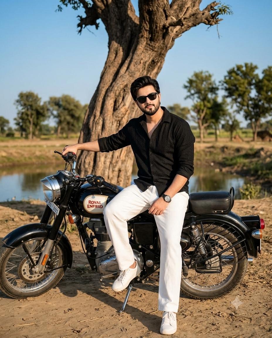 Royal Enfield Man Cinematic Portrait AI Image Prompt | DSLR Rustic Outdoor Photography