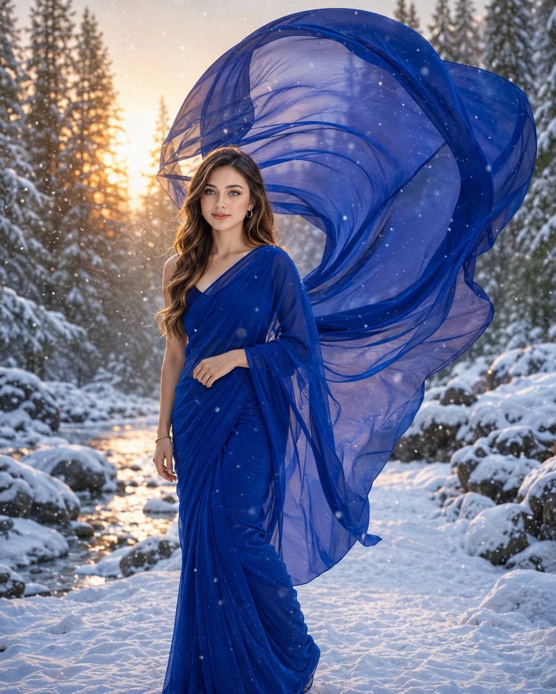 Cinematic Royal Sapphire Blue Saree Portrait in Snowy Winter Landscape | AI image prompt