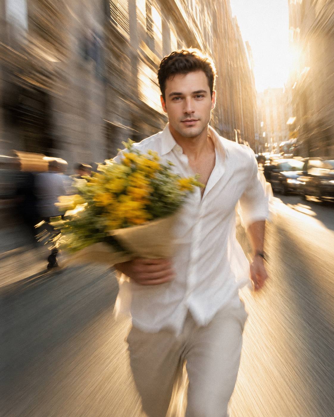 Cinematic Running Man with Yellow Flower Bouquet AI Image Prompt | cinematic street photograph