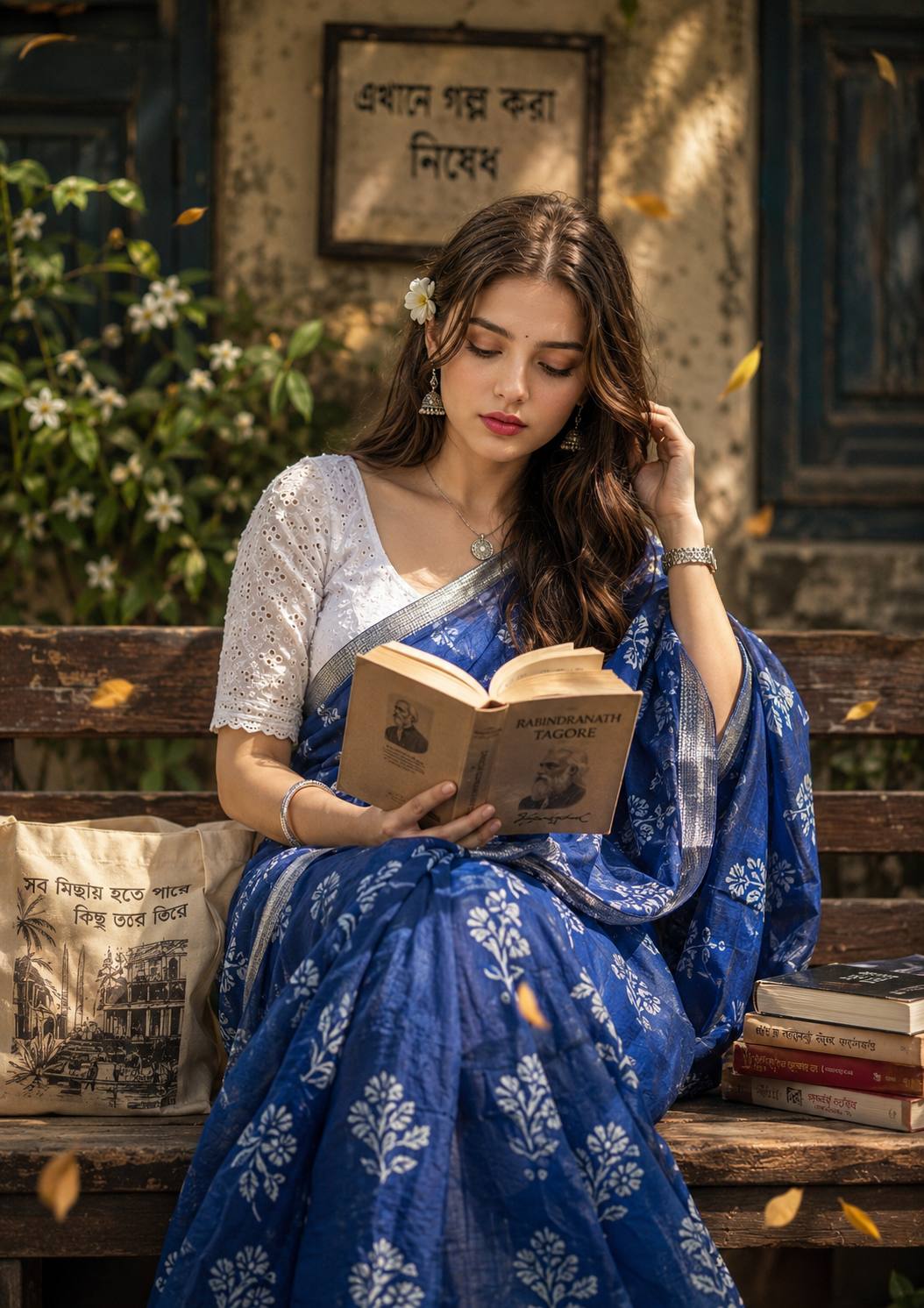 Cinematic South Indian Woman Reading Book in Blue Saree AI Image Prompt