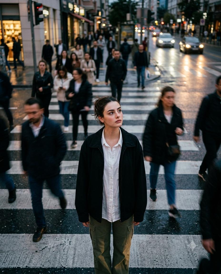Cinematic Street Portrait with Motion-Blurred Crowd AI Image Prompt | 5mm Film Photography