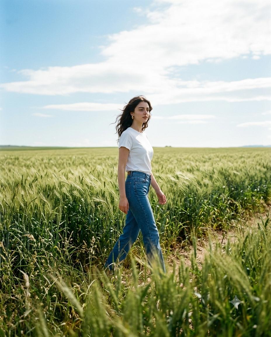 Wheat Field Woman Cinematic Portrait AI Image Prompt Gemini | White T-Shirt, Blue Jeans & 35mm Film Photography