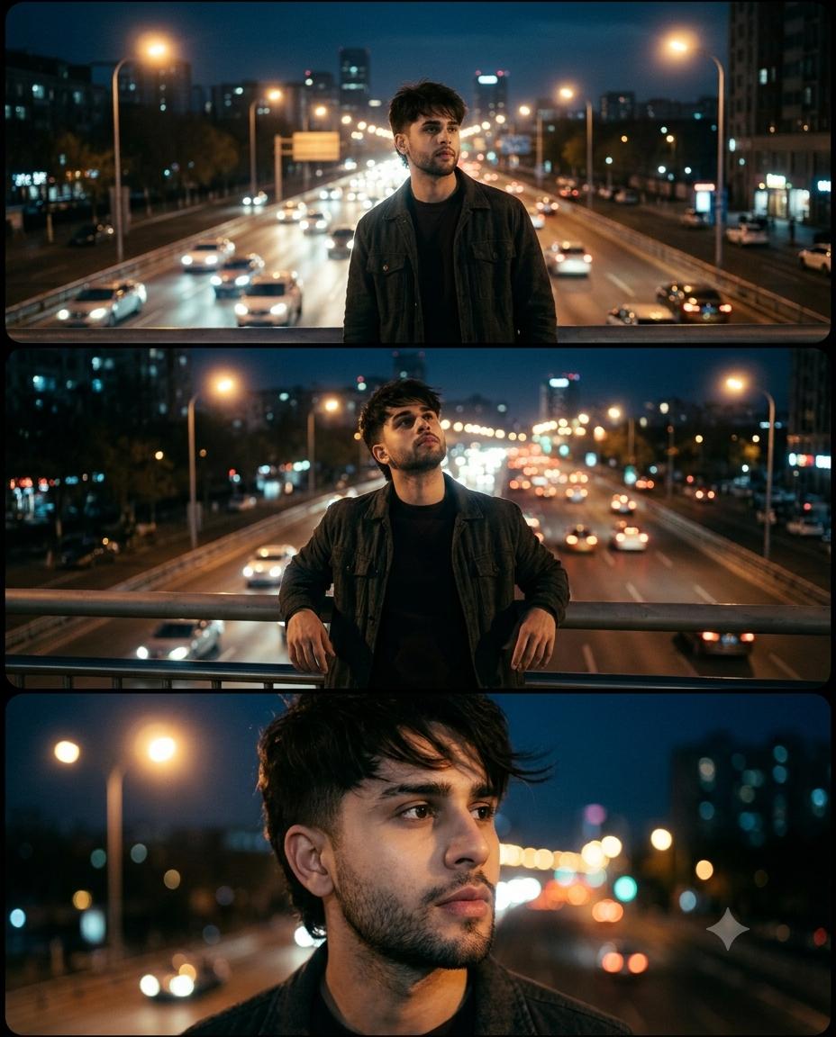 Urban Night Triptych Portrait AI Image Prompt Gemini | City Lights, Wind-Swept Hair & Moody Cinematic Fashion