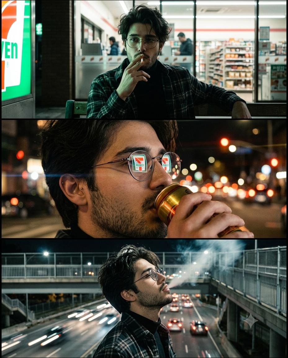 Urban Noir Triptych Portrait AI Image Prompt Gemini | Neon 7-Eleven, 35mm Film Grain & Moody City Lights