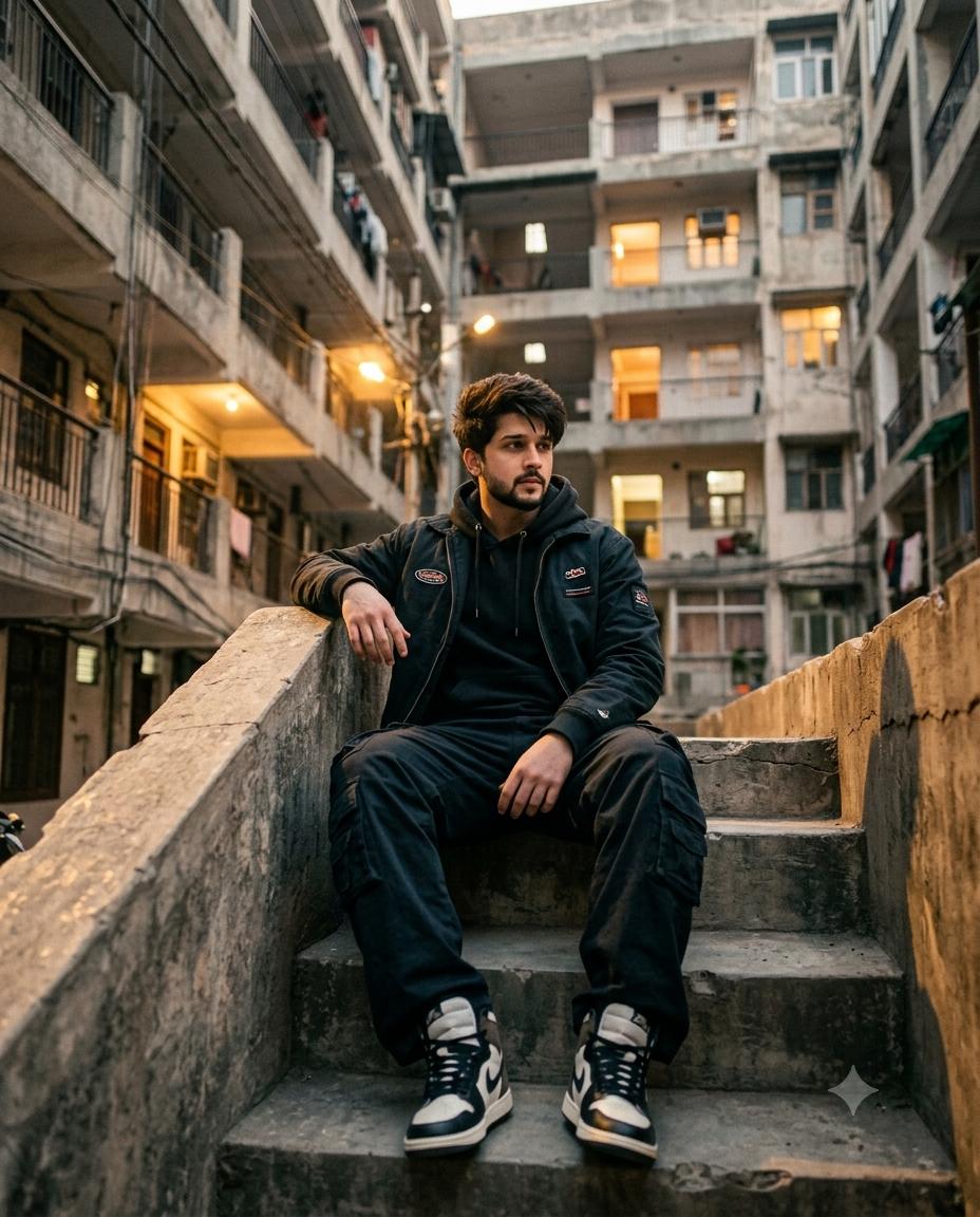Urban streetwear male portrait AI image prompt Gemini | Cargo pants, high-top sneakers and golden-hour photography