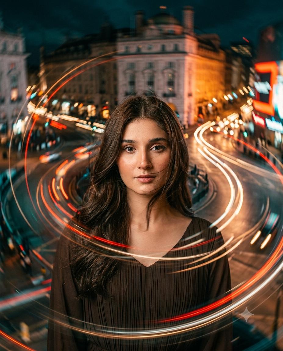 Cinematic Motion Blur Woman Portrait AI Image Prompt Gemini | Teal-Orange Color Grading & Neon Night Photography