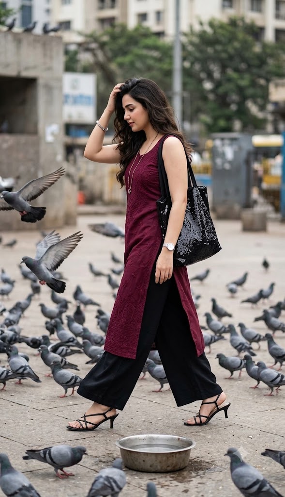 Cinematic Woman Walking Through Pigeon Plaza Ai Prompt | Urban Street Style Fashion Portrait