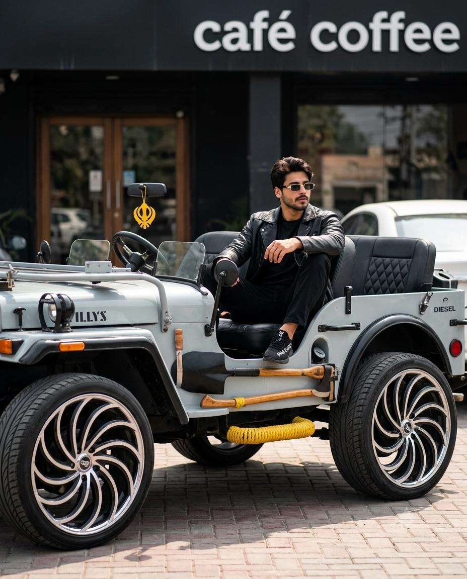 Young man vintage Jeep portrait AI image prompt | Black leather outfit, gold-rimmed sunglasses and luxury wheels