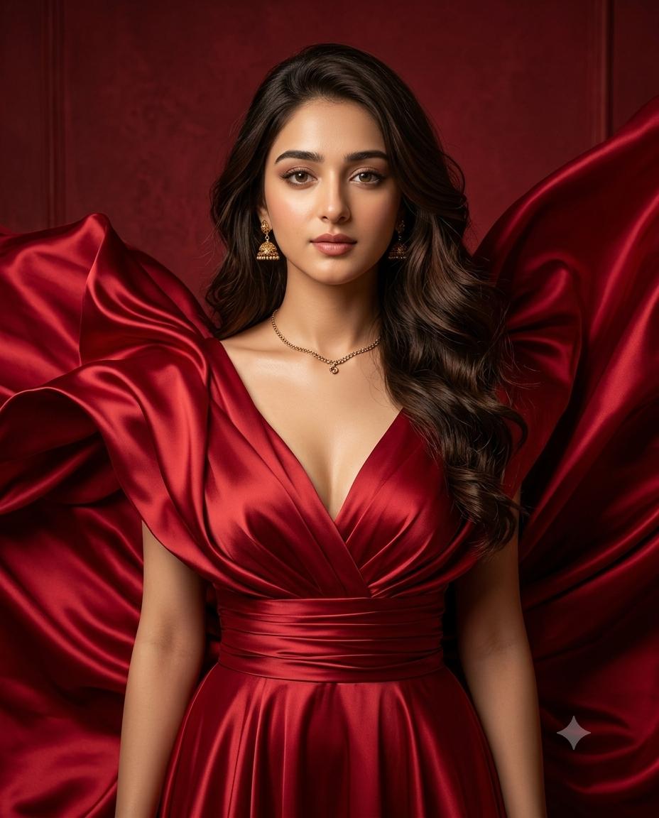 Crimson silk gown portrait AI image prompt | Dramatic luxury fashion editorial
