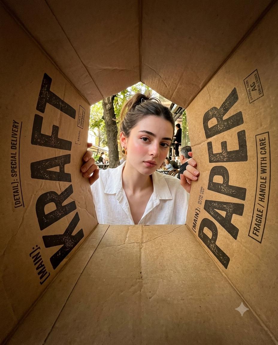 Kraft paper packaging AI image prompt Gemini | Wide-angle box perspective, distressed typography and 9:16 advertising design