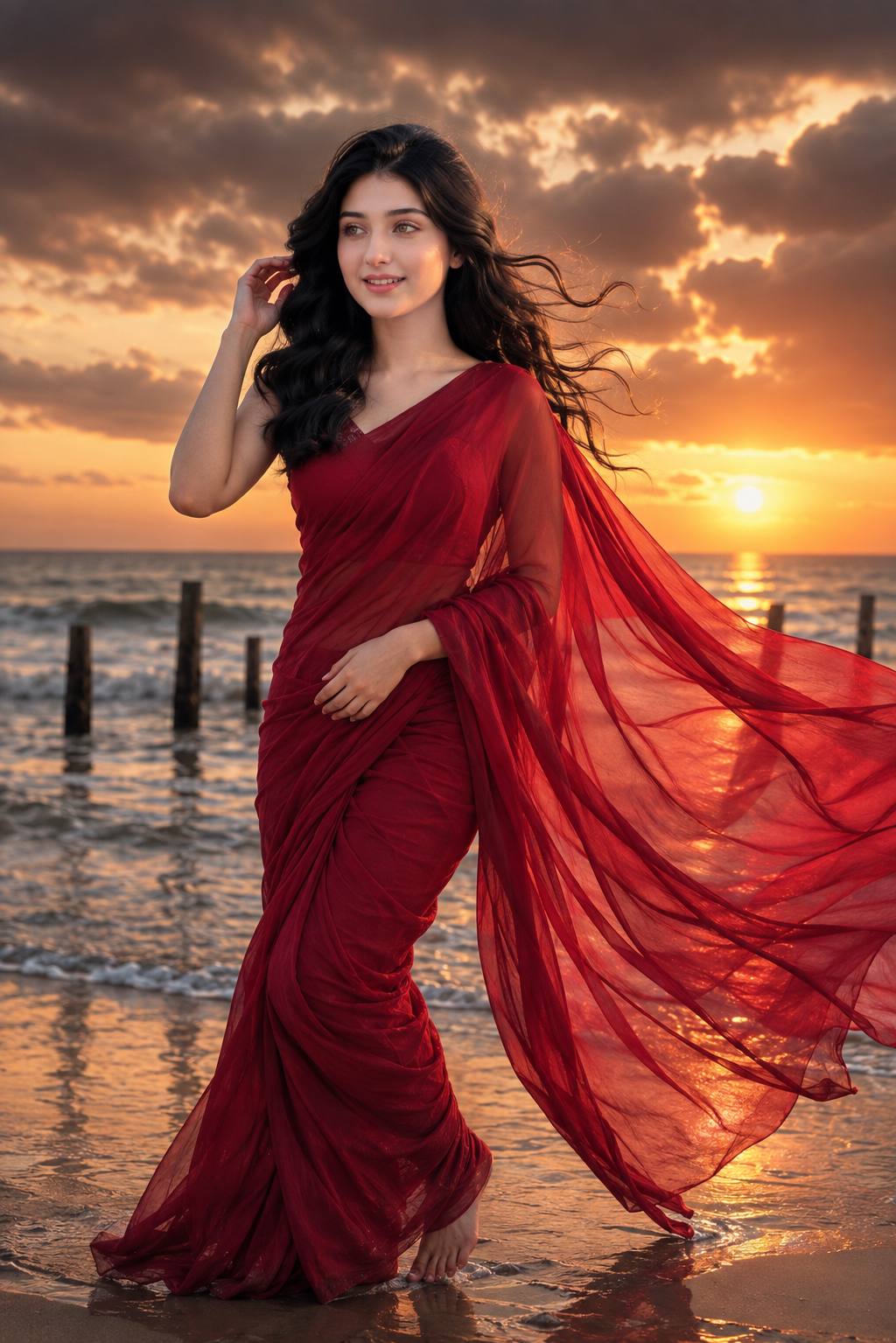 Crimson Red Saree Beach Sunset Portrait – Hyper-Realistic Cinematic AI Image Prompt