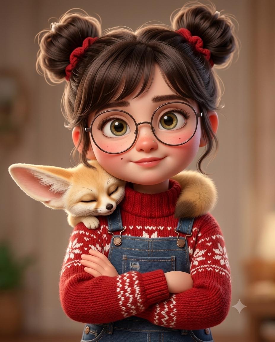3D animated girl AI image prompt Gemini | Round glasses, cute fennec fox and Pixar-style winter portrait
