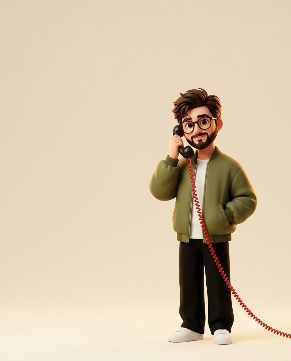 Cute 3D Cartoon Man with Vintage Telephone – Warm Minimalist Editorial Illustration