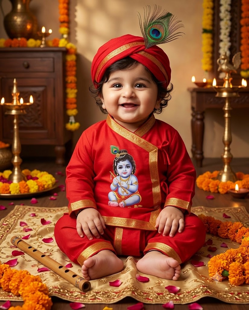 Cute Baby Krishna in Red Traditional Outfit – Festive Indian Baby Photoshoot AI Image Prompt