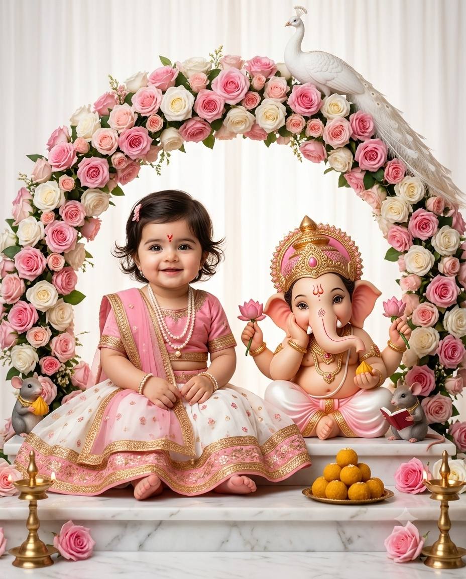 Cute Indian Baby Girl with Lord Ganesha | Ultra-Realistic Ganesh Chaturthi AI Image Prompt