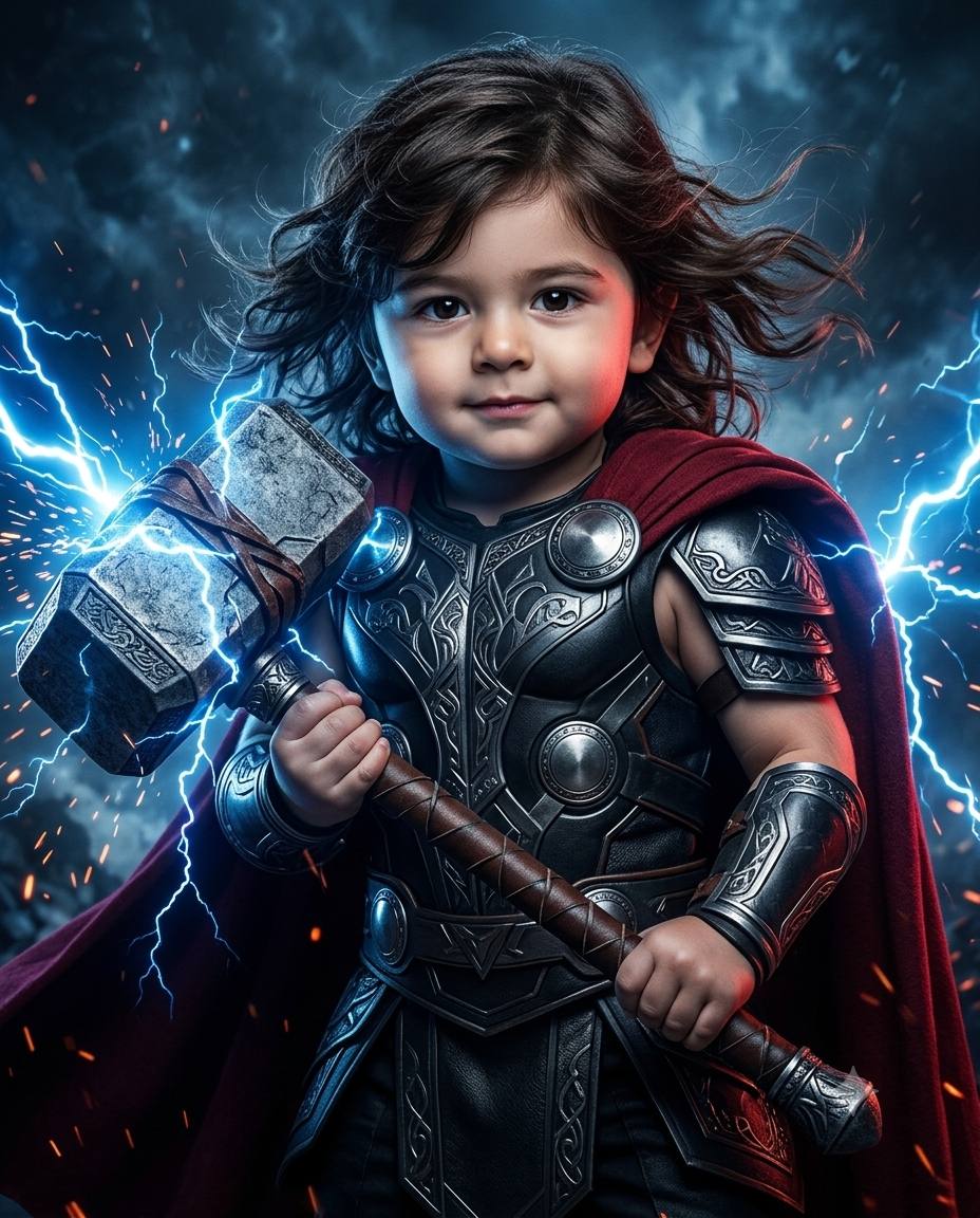Cute Little Boy Fantasy Warrior with Lightning Hammer – Epic Cinematic AI Image Prompt