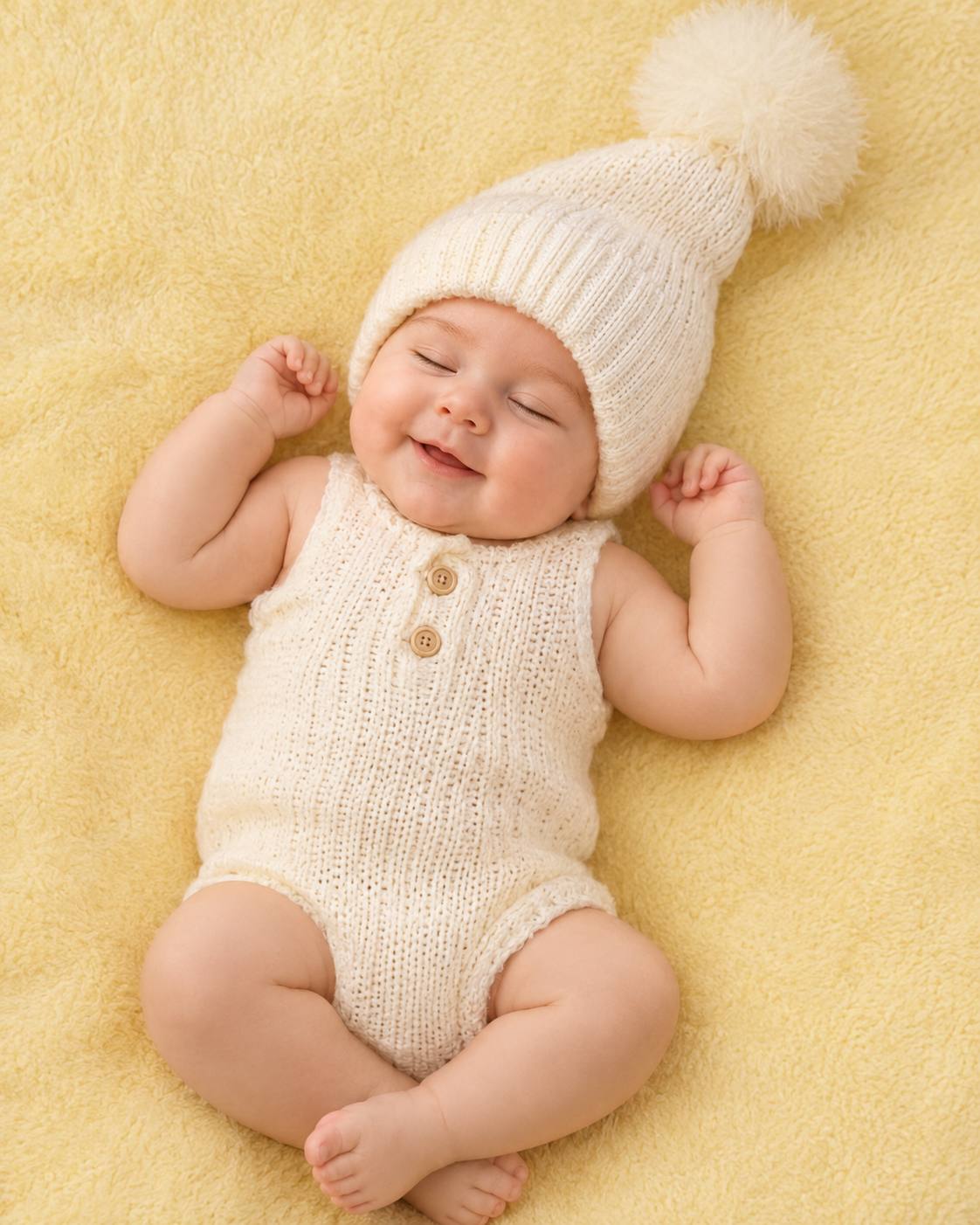 Cute Newborn Baby Boy Sleeping in White Knit Outfit | Minimal Yellow Baby Photoshoot Prompt