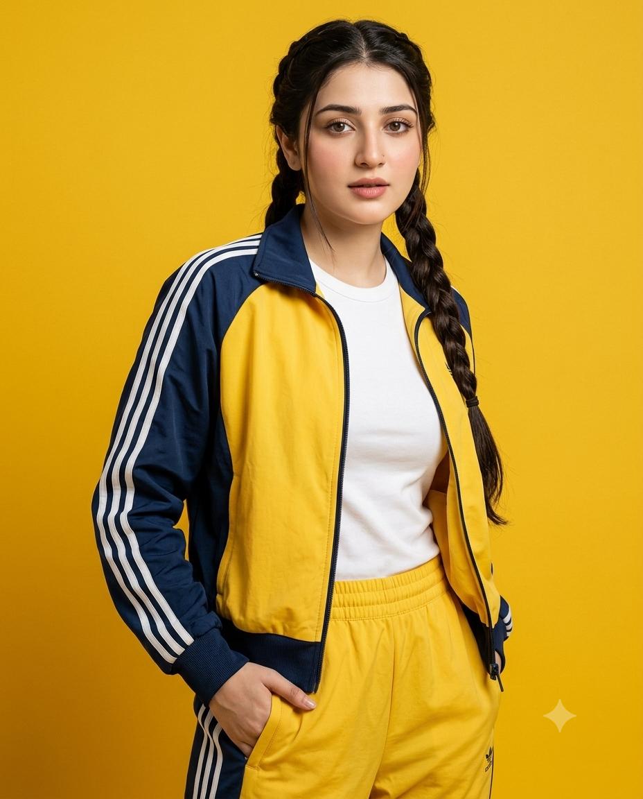 David Bowie fashion portrait AI image prompt Gemini | Adidas-inspired sportswear and vibrant yellow minimalist editorial