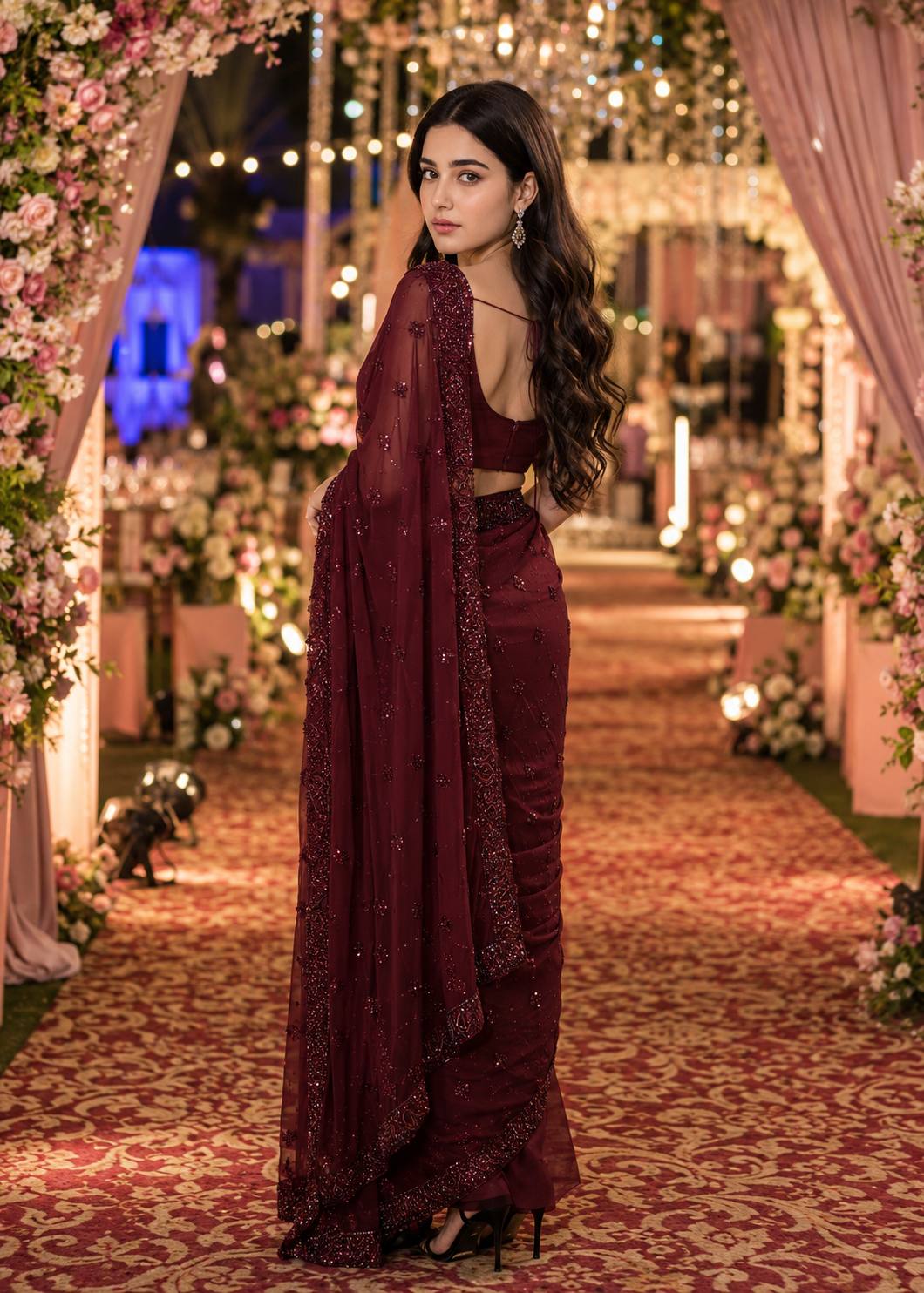 Deep Wine Maroon Saree Portrait | Luxury Indian Wedding Fashion Photography | AI prompt