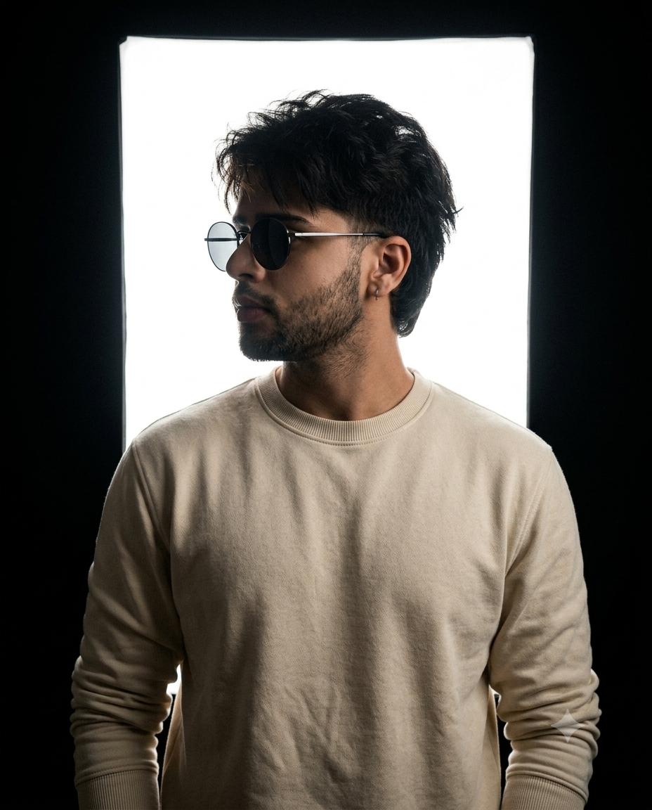 Silver-frame sunglasses and dramatic rim lighting male portrait AI image prompt Gemini |