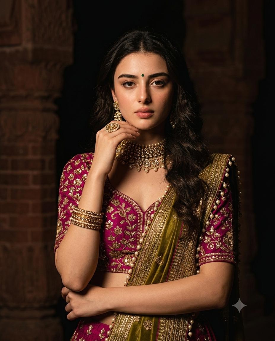 Indian bridal portrait AI image prompt Gemini | Magenta gold lehenga and high-contrast Kundan jewelry