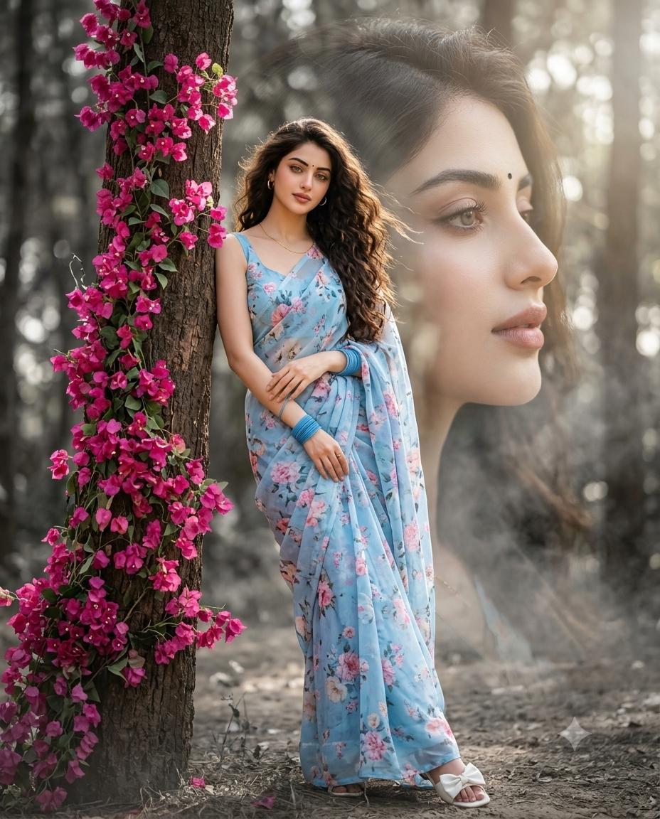 woman floral Pink bougainvillea double-exposure AI image prompt | fashion Blue pastel saree portrait
