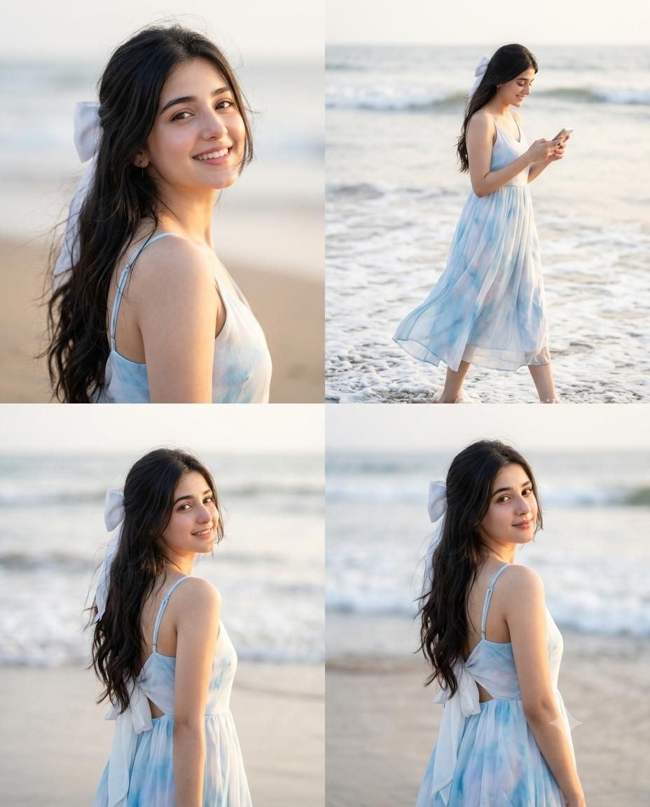 East Asian beach girl portrait AI image prompt | Light blue sundress, white ribbon bow and Pinterest summer aesthetic