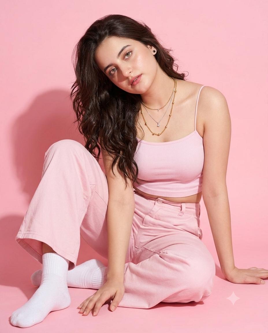 woman portrait AI image prompt Gemini | Pastel pink outfit, Korean beauty editorial and dramatic studio flash photography