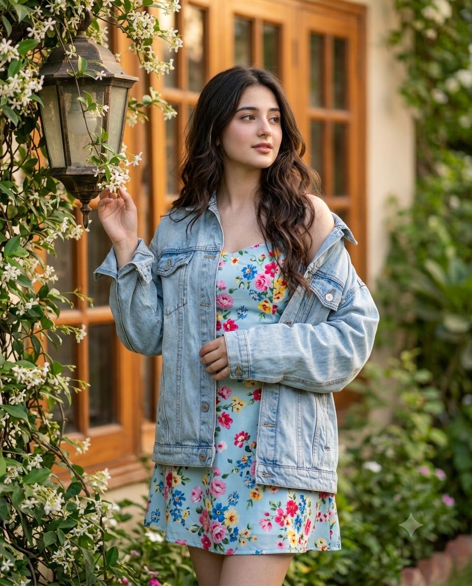 Dreamy Garden Woman Fashion AI Image Prompt | Floral Dress & Denim Jacket
