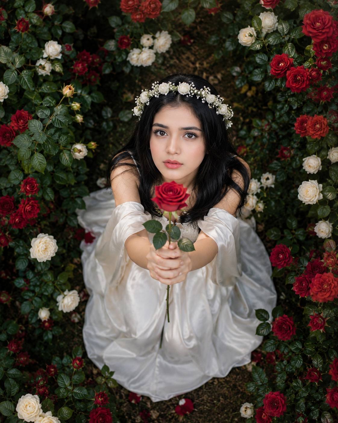 Top-down view Dreamy Garden Rose Portrait of a Young Woman AI Image Prompt