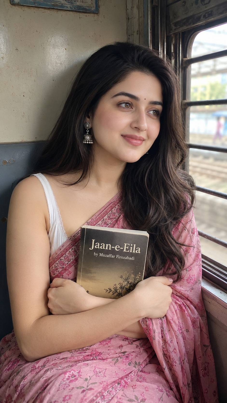 Dreamy Indian Train Window Portrait – Pink Saree Cinematic AI Image Prompt