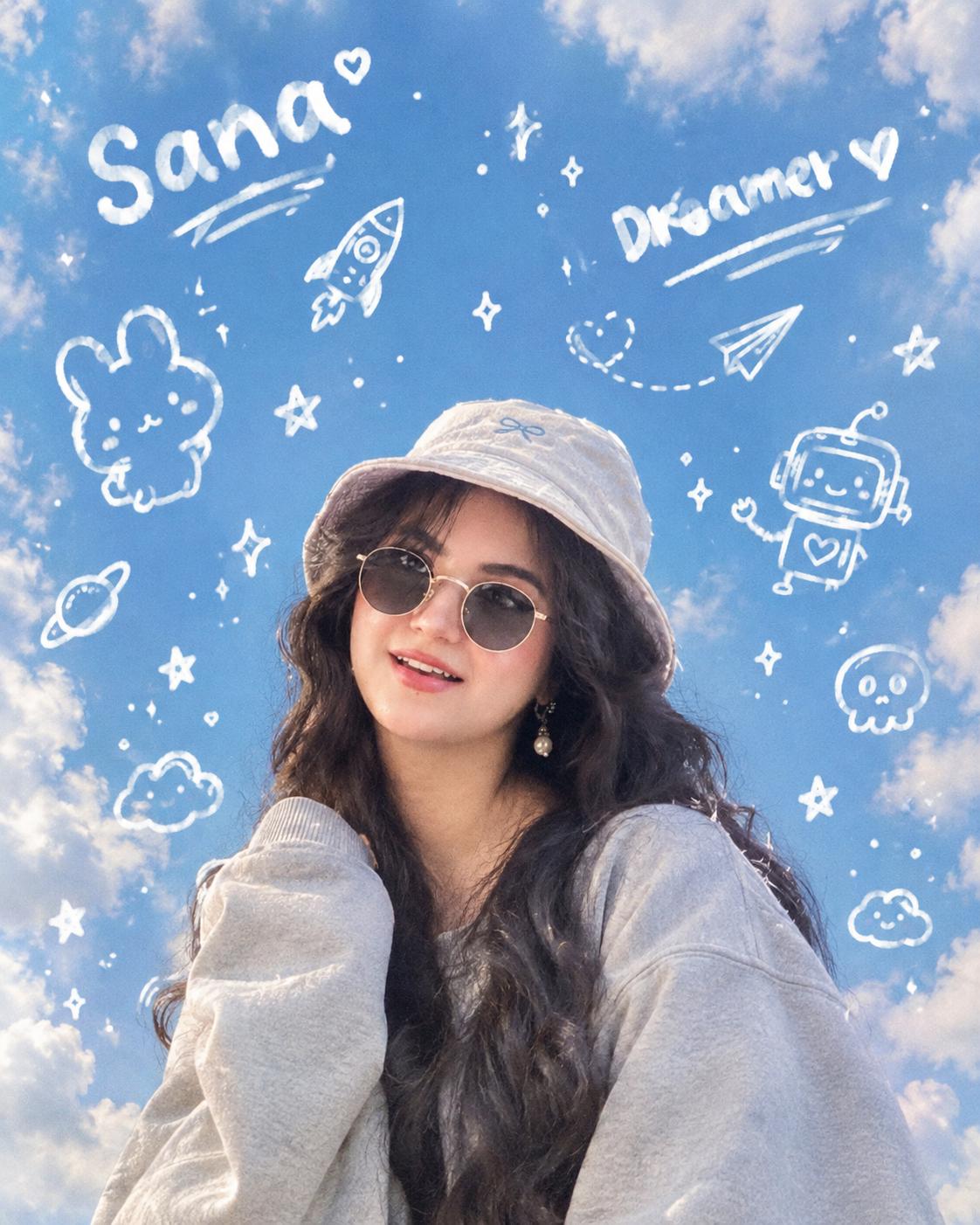 Young Woman Kawaii Doodle Portrait AI Image Prompt | Pastel Bucket Hat & Dreamy Sky Aesthetic