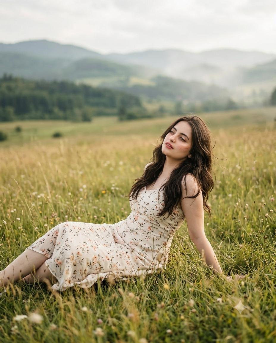 Dreamy meadow woman portrait AI image prompt Gemini | Floral summer dress, misty green hills and romantic outdoor photography