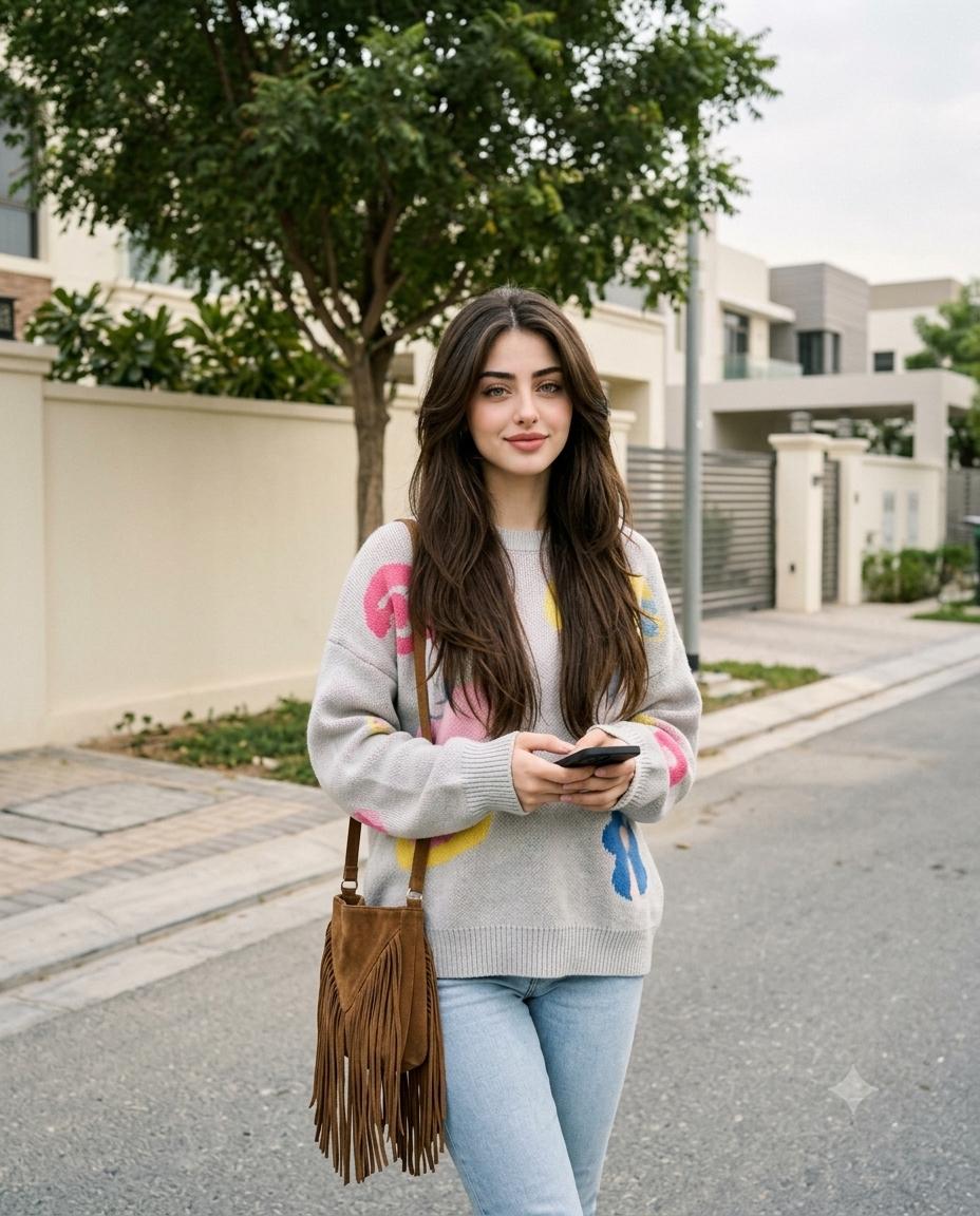 Young woman street portrait AI image prompt | Colorful heart-patch sweater, fringe crossbody bag and light-wash jeans