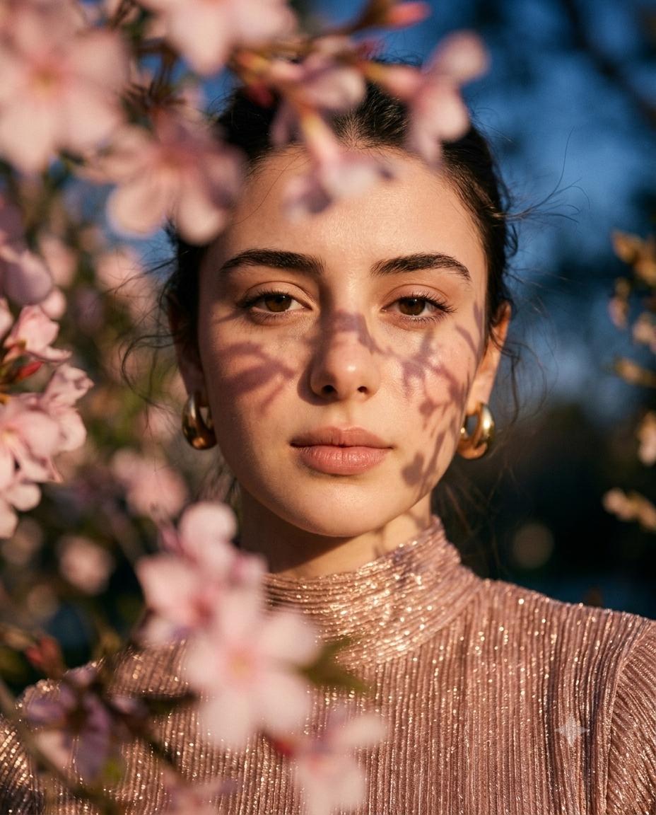 Rose-Gold Fashion Portrait AI Image Prompt Gemini | Pink Blossoms, Green-Eyed Beauty & Cinematic Spring Photography