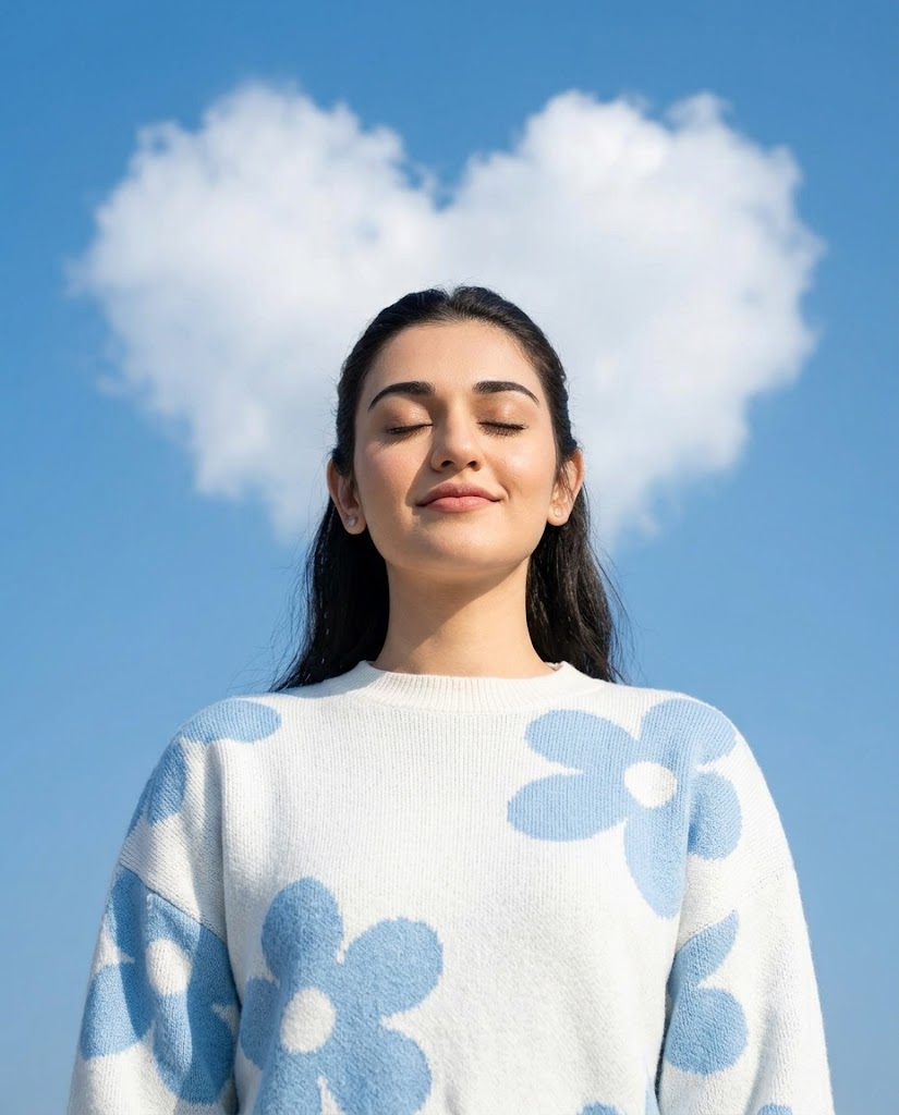 Ultra-realistic Dreamy Sky Portrait with Heart-Shaped Cloud AI Image Prompt