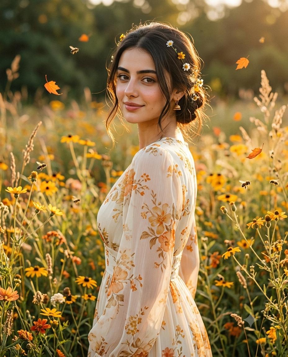 Ivory floral woman portrait AI image prompt Gemini | chiffon dress and golden-hour meadow photography