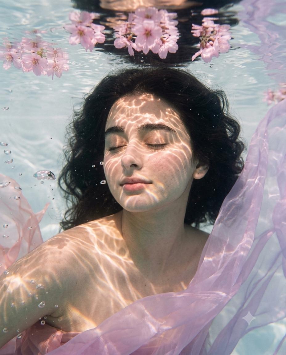 Underwater woman portrait AI image prompt | Dreamy cherry blossoms ethereal fine-art photography