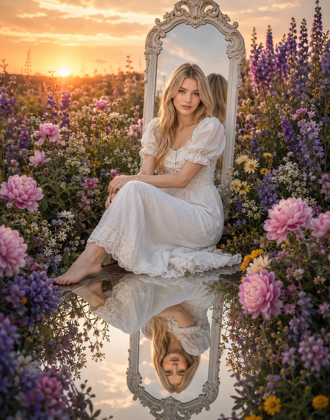 Dreamy Vintage White Dress Portrait in Wildflower Meadow with Mirror Reflection | AI image prompt
