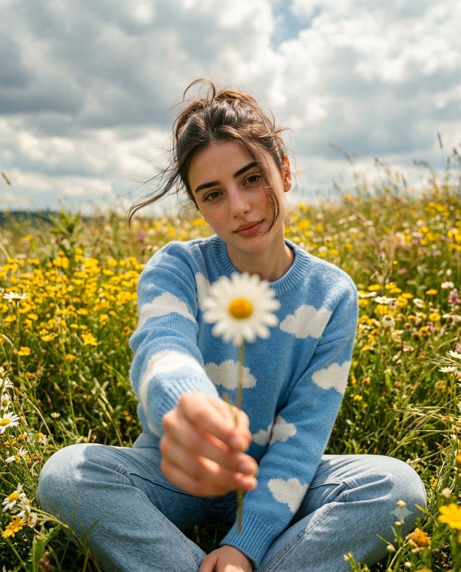 cinematic Wildflower field portrait AI image prompt Gemini | Sky-blue sweater, daisy foreground and vintage photography