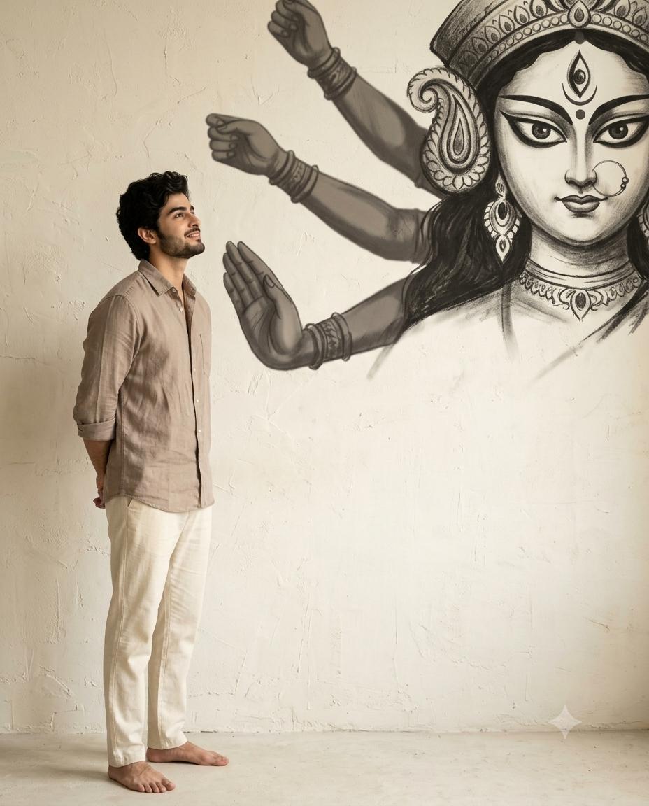 Man Durga Mural Editorial AI Image Prompt | Beige Linen & Sacred Artistic Style