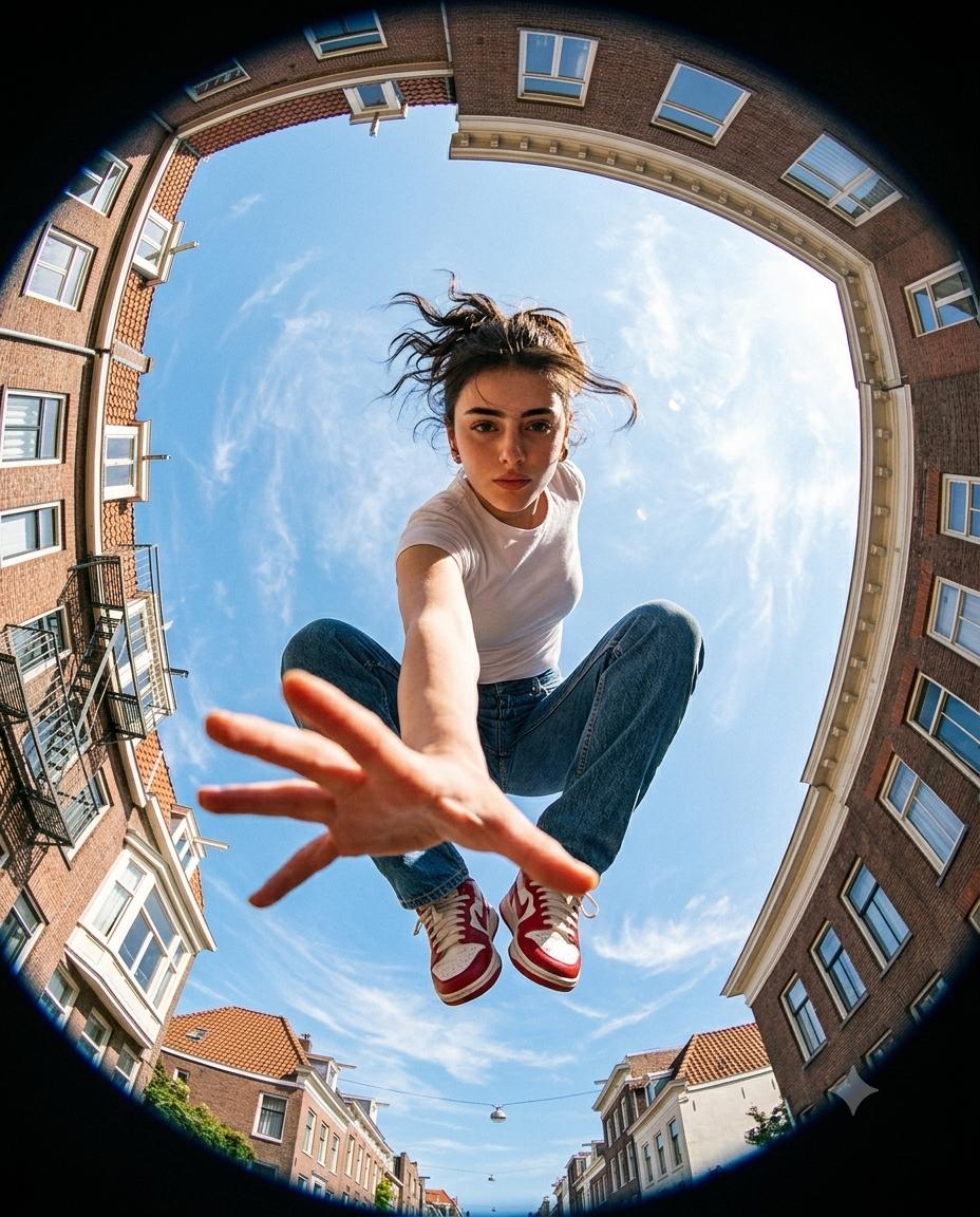 Dynamic Fisheye urban woman portrait AI image prompt Gemini | Ground-level action pose and European street architecture