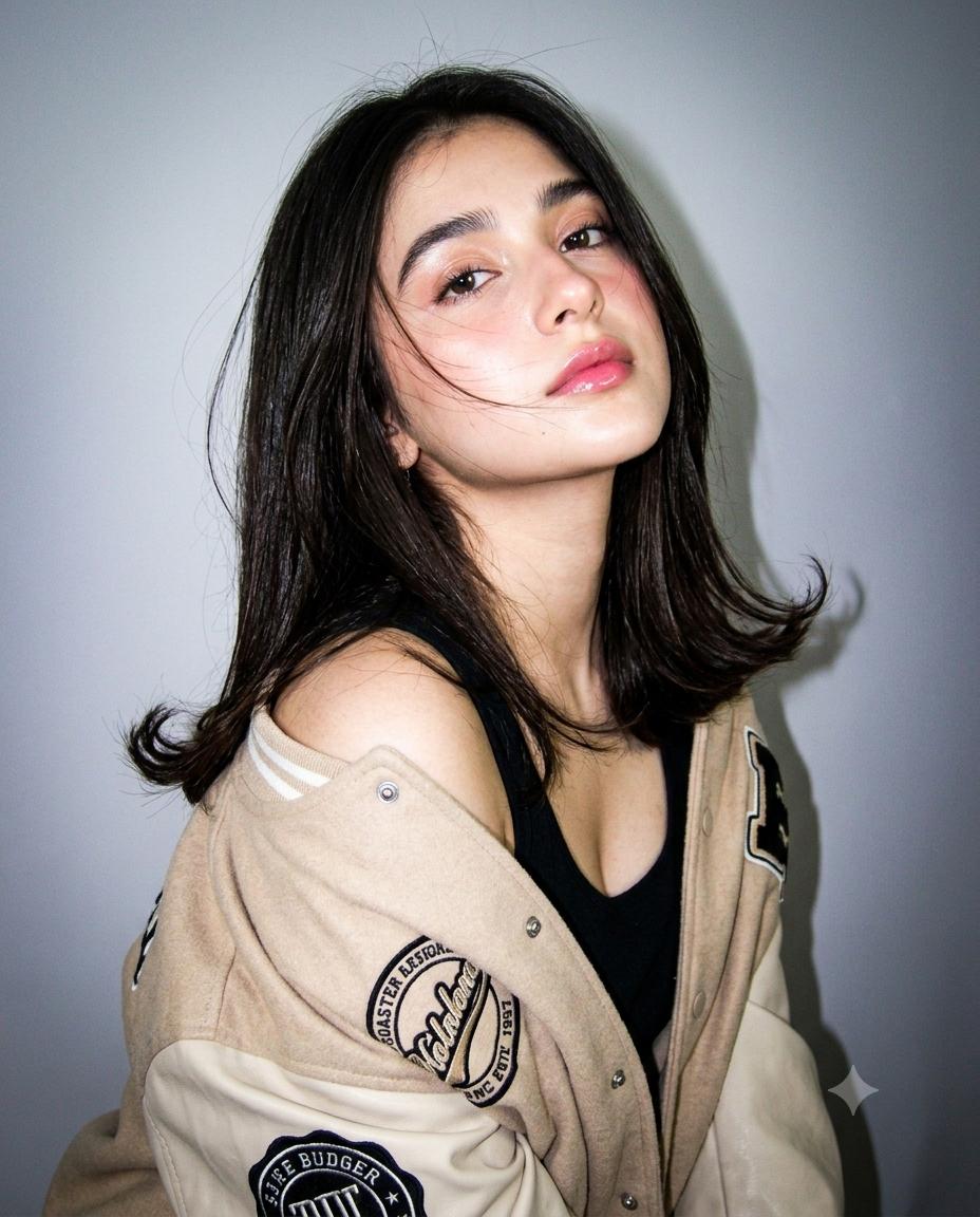 Young Woman Y2K Digicam Portrait AI Image Prompt | Beige Varsity Jacket & Harsh Flash Style