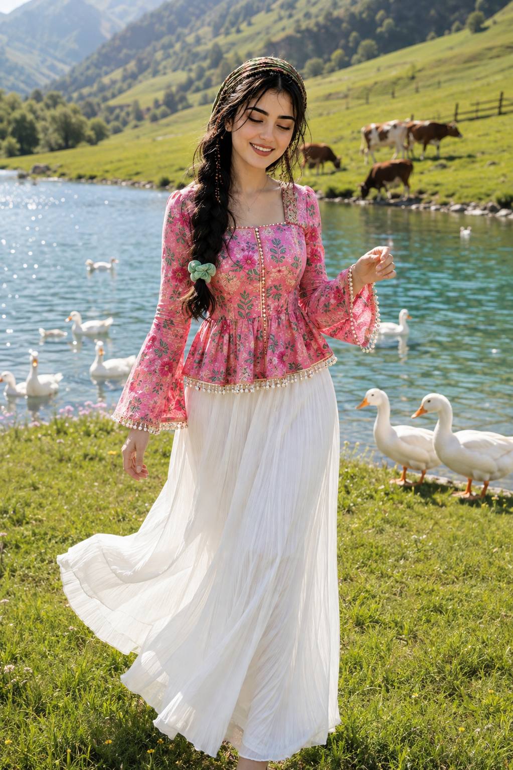 East Asian Woman Countryside Lake Photoshoot Prompt | Pink Floral Outfit Lifestyle Portrait