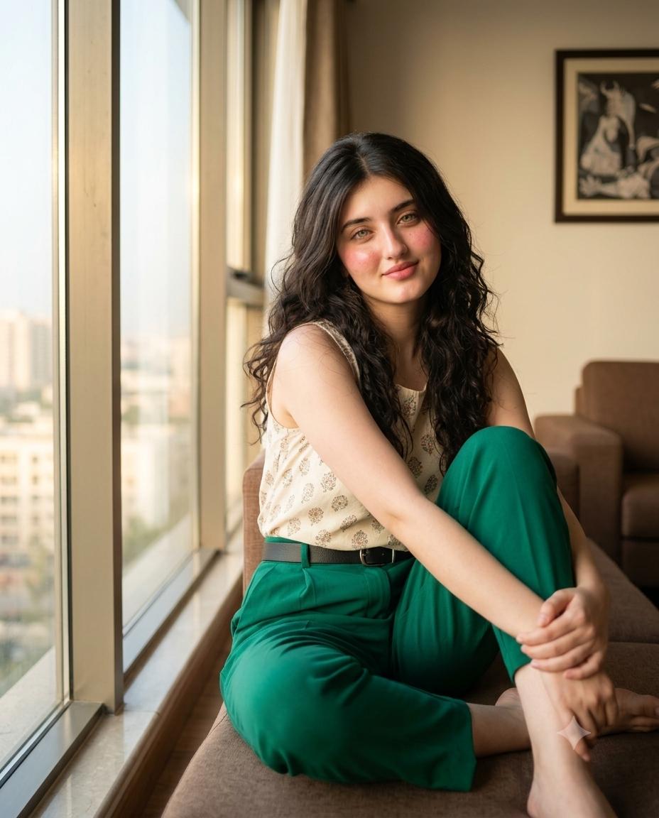 Young Woman Apartment Lifestyle Portrait AI Image Prompt | Cream Top & Emerald Green Trousers