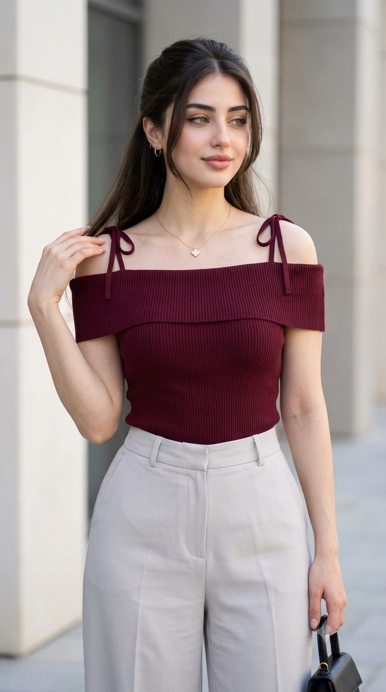Burgundy Off-Shoulder Woman Fashion AI Image Prompt | Wide-Leg Trousers & Modern Architecture