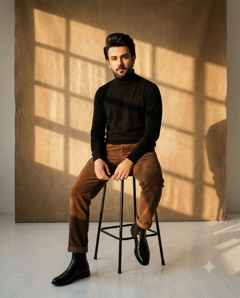 Chiaroscuro male portrait AI image prompt | Black turtleneck golden hour 35mm fashion photography