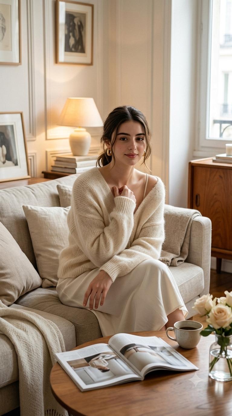 French Girl Lifestyle Portrait AI Image Prompt Gemini | Cream Knit Cardigan & Cozy Parisian Editorial Photography